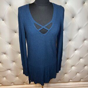 Made In Turkey Blue V-Neck Sweater With Crisscross Detail Size S/P
